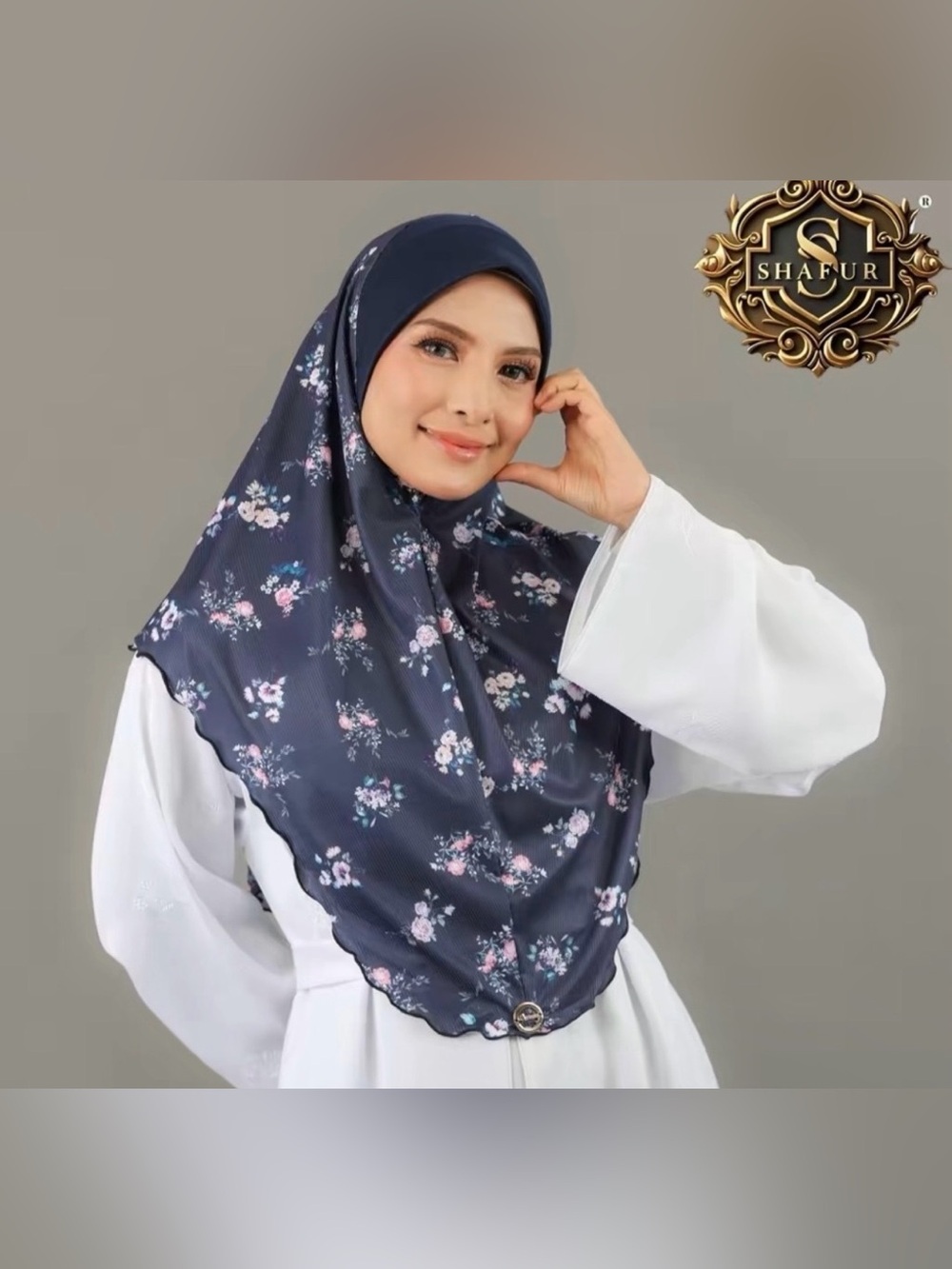 Navy Floral-Print Women's Hijab